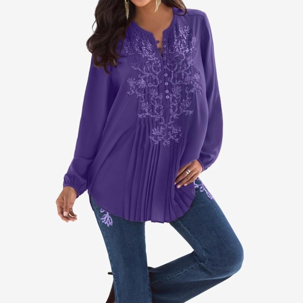 Roaman's Deep Purple Embroidered Blouse NWOT but extra button still attached. - Picture 3 of 12